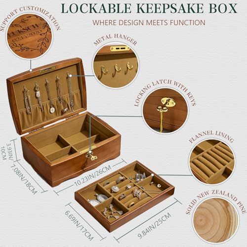 Personalized Wooden Jewelry Box, Customized Double Layer Retro Jewelry Organizer with Lock and Key for Women Girls, Birthday Gift for Her, Artners, Elders, Mom, Friends, Girlfriends and Bridesmaids