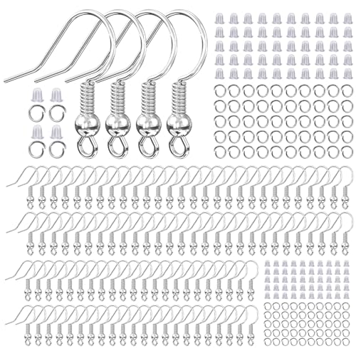 925 Sterling Silver Plated Earring Hooks for Jewelry Making, 300 Pcs Hypoallergenic DIY Earring Making Supplies Kit, Upgraded French Ear Fish Hook Earing Findings Wires Parts Hardware Pieces (Silver) - color: Silver