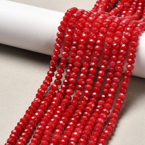 115pcs Natural Jade Disk Stone Beads 4x2mm Rondelle Faceted Dyed Stone Loose Spacer Beads for Jewelry Making Design Bracelet Necklace Keychain Phone Chain Lanyard Ornament, Red - color: Red