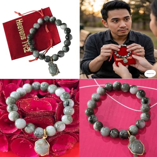 Natural Green Jade Bracelet 10mm Real Jade Beads with Turtle Charm, Feng Shui Protection Luck Wealth Bracelet, Spiritual Healing Stretch Bracelet Gift with Red Velvet Pouch