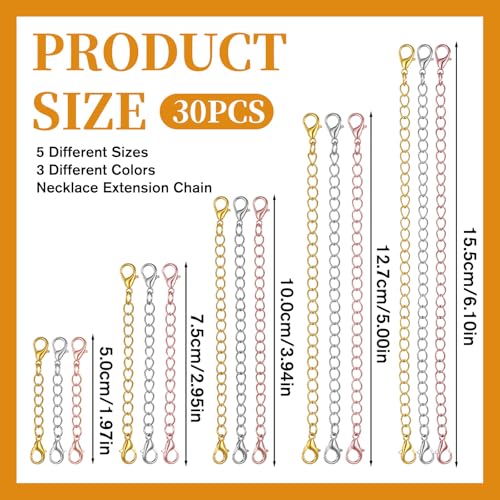 30 Pcs Chain Extension for Necklace 5 Size Bracelet Necklace Extenders for Women Anklet Jewelry Making (10 Gold, 10 Silver, 10 Rose Gold)