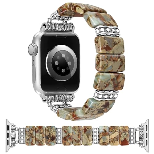 Newlibery Beaded Natural Stone Bracelet Band Women Compatible with Apple Watch 42(S3/2/1) 44/45/46/49mm Boho Elastic Western Vintage Imperial Stone Strap for iWatch Series 11/10/9/8/7/6/5/4/SE/Ultra - color: A4 Khaki, size: 42 (S1/2/3) /44/45/49/46mm-S (f