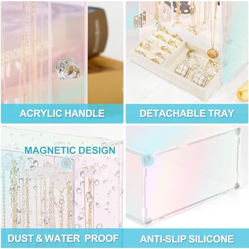 Cirhy Iridescent Acrylic Necklace Holder, Necklace Organizer with 24 Rotatable Hooks, Rainbow Jewelry Organizer Display Box with Velvet Tray for Long Necklaces Pendant Bracelets Rings Earrings
