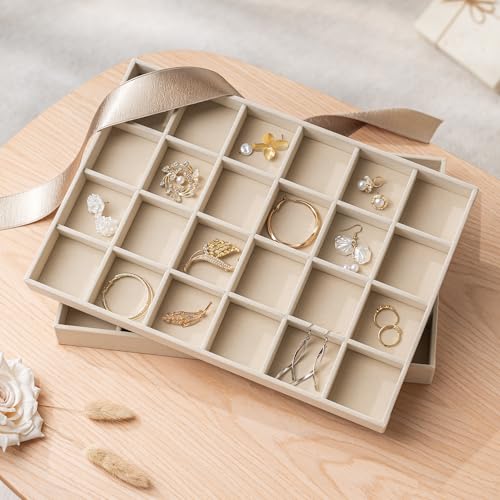 pickpiff Drawer Jewelry Organizer & Display Trays: 2pcs 24grid Velvet Stackable Jewelry Case (13.8x9.4x1.2inch) - Soft Beige Ring Storage Bracelet Holder Earring Box - size: 24 grids + 24 grids