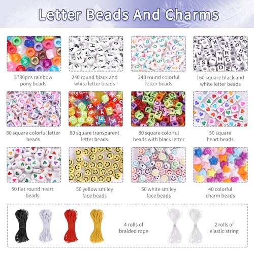 QUEFE 4900pcs Pony Beads Kandi Bracelet Kit, Friendship Bracelet Making Kit with 84 Colors Kandi Beads, Hair Beads and Letter Heart for Craft Gifts Bracelets Jewelry Making with Elastic Strings - color: B-84 colors