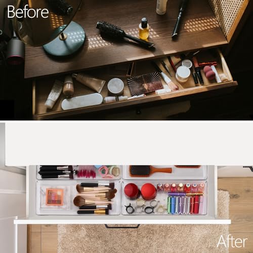 6 Pcs Large Clear Plastic Drawer Organizers Tray 15" x 6.3" Storage Bins with 25 Pcs Non-Slip Pads for Makeup, Jewelries, Kitchen Utensils, Bathroom and Office - size: 15"x6"