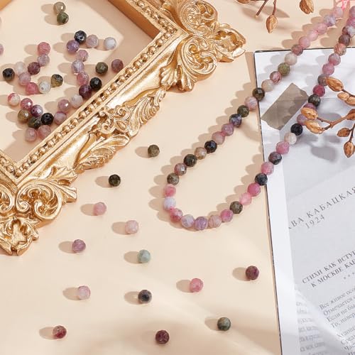 90PCS Faceted Natural Tourmaline Beads 4mm Round Small Gemstone Strands Mixed Color Loose Spacer Seed Beads for Fine Wire DIY Necklace,Hole:1mm