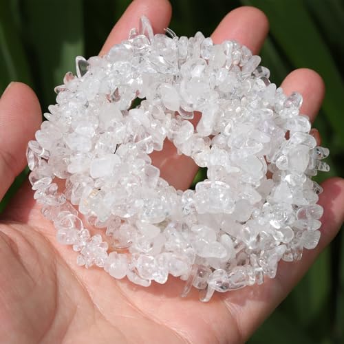 400pcs Natural Chip Stone Beads for Jewelry Making Clear Quartz 5-8mm Irregular Gemstones Healing Crystal Loose Rocks Bead Hole Drilled for Ring Earrings Necklace Bracelet Making DIY Art Crafts - color: Clear Quartz (2 Strands-62")