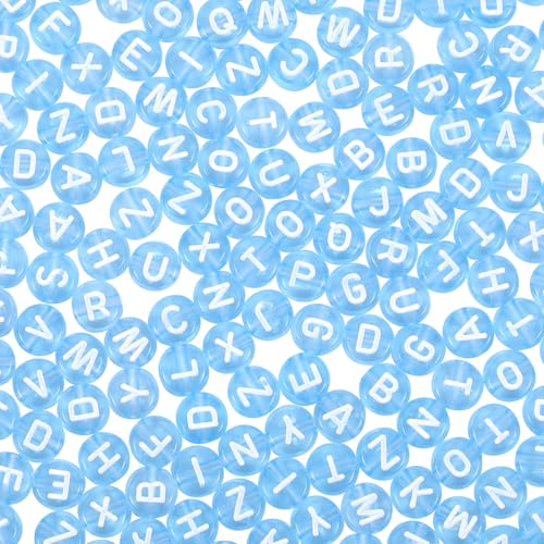 BEEFLYING 1480Pcs Transparent Acrylic Alphabet Beads Flat Round Disc A-Z White Letter Beads Clear Spacer Bead for DIY Friendship Boho Bracelet Hawaii Summer Holiday Jewelry Making (Cornflower Blue) - color: Cornflower Blue
