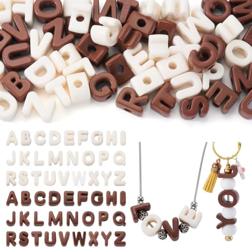 52Pcs Letter Beads Opaque Acrylic European Large Hole Bead Alphabet 26 Letters Shape for DIY Jewelry Making Necklace Bracelet Keychain Crafts Accessories Cream & Chocolate - color: Cream & Chocolate, size: 26 Letters