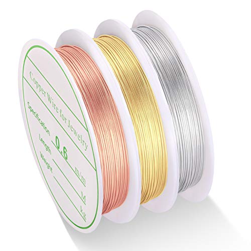 3 Pack Jewelry Wire - 22 Gauge Tarnish Resistant Copper Beading Wire for Jewelry Making, 0.6mm X 4m Each (Gold, Silver, Rose Gold)