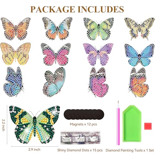 Vcekract 12 Pcs Diamond Painting Kits, Butterfly Diamond Art Refrigerator Magnets, Diamond Art Kits for Adults, Fridge Magnet Diamond Art Kits, DIY Crafts Kits for Adults - color: Butterfly