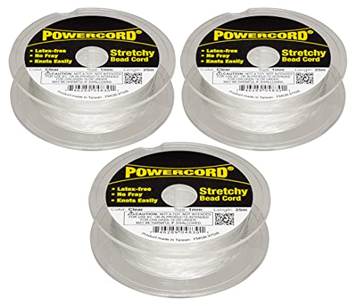 Pack of 3 Powercord Elastic 1mm Clear 25-Meter Spools Jewelry-Making Stretchy Cord (75 Meters / 246 feet Total)