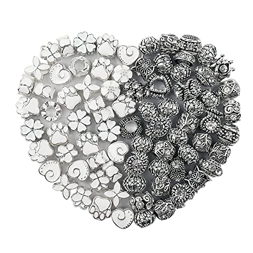 60 Pieces Assorted European Beads with Plating Silver Metal Alloy Rhinestone Large Hole Spacer Beads for DIY Charm Bracelet Jewelry Making (White) - color: White