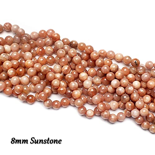 70PCS Natural 8MM Healing Gemstone, Sunstone Energy Stone Round Loose Beads, Semi-Precious Crystal Beads with Free Elastic String for Jewelry Making DIY - color: Sunstone