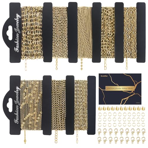 14k Gold Necklace Chains for Jewelry Making, Total 27 Feet 8 Rolls Bracelet Chains for DIY, 3.3 Feet Each Style, 14K Gold Plated Chain with Jump Rings/Lobster Clasps/Connectors - color: 14k Gold-27 Feet 8 Rolls