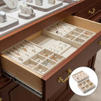 Velvet Jewelry Organizer Small Jewelry Tray Set Box Stackable Velvet Organizer Tray Drawer Inserts Ring Box Flat Stacking Trays Display Case for Earrings Rings Necklaces (Set 2,Beige)