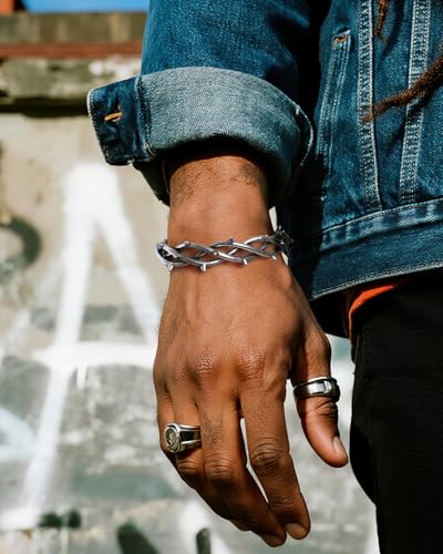 Stainless Steel Cuff Bracelet,Retro Gothic Punk Biker Cool Open Adjustable Cuff Bangle Bracelets Jewelry for Men Silver - style: Large Barbed Wire