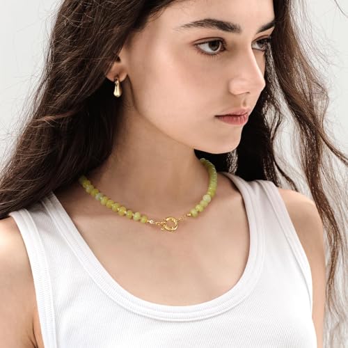 KissYan Beaded Gemstone Necklace for Women, Natural Stone Beach bead Necklace, 18" Boho Summer Handmade Jewelry Gifts - color: Lemon Jade