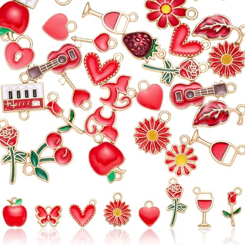 40Pcs Assorted Enamel Charms for Jewelry Making Cute Charms Bulk Pendant for Bracelets Necklace Earring Keychains DIY Supplies - color: Red