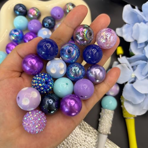 50PCS Bubblegum Beads 20mm，Large Beads for Jewelry Making，Round Circle Chunky Bead for Craft Pen Keychain Bracelets, beadable for Dog cat Collar Necklace (Mixed Blue/Purple) - color: Mixed blue/purple