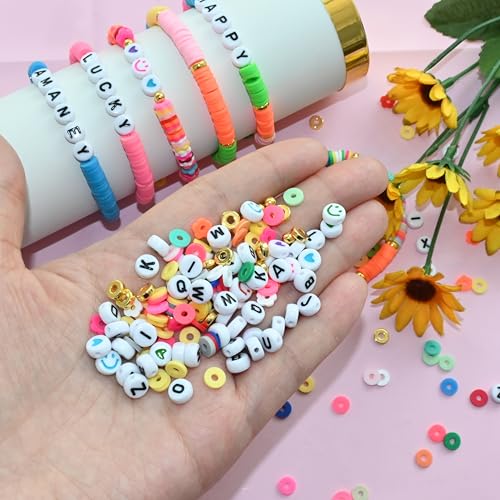 Looconi Beading Kits Letter Beads A-Z Gold Spacer Smiley Heart and Colorful Clay Beads for Jewelry Making - color: LetterClayMixed