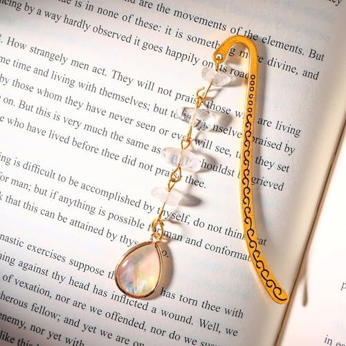 Vintage Metal Bookmark Pendant with Opal Drop Shell&White Quartz Crystal Stones Bead Chain–Elegant Opal Bookmarks for Women,Men,Book Lovers,Teachers and Girls(Gold) - style: Gold