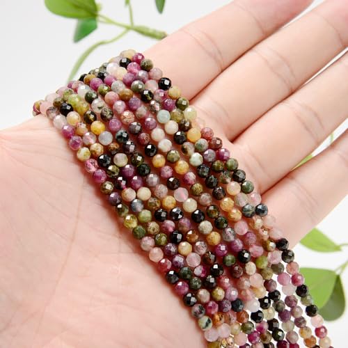 AD Beads Natural Gemstone Diamond-Cut Micro-Faceted Round Tiny 4mm Small Round for DIY Necklace Jewelry Making Beads (Multi Color Tourmaline) - color: Multi Color Tourmaline