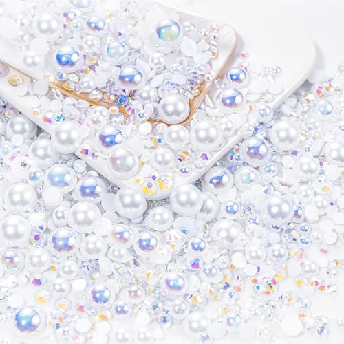 60g White Flat Back Pearls Rhinestones for Crafts Mixed Size 3mm-10mm AB Color Round Half Pearls Flatback Pearl Beads and Resin Rhinestones Set for Face Art with Glue - color: White Series, size: 60g