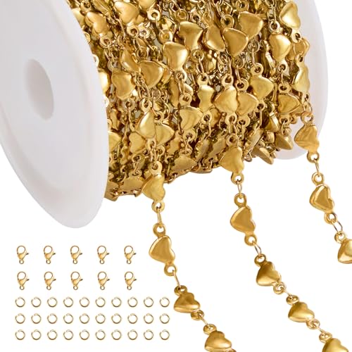 Jabogrii 13 Feet Gold Heart Chain for Jewelry Making Stainless Steel Craft Chain Spool DIY Jewelry Findings - color: Heart Gold