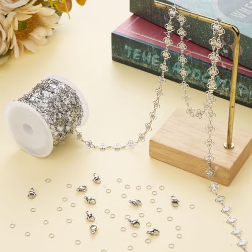 Jabogrii 16.4 Feet Silver Four Leaf Clover Jewelry Making Chains Roll Stainless Steel DIY Craft Chain Bulk for Jewelry Making - color: FLower Silver