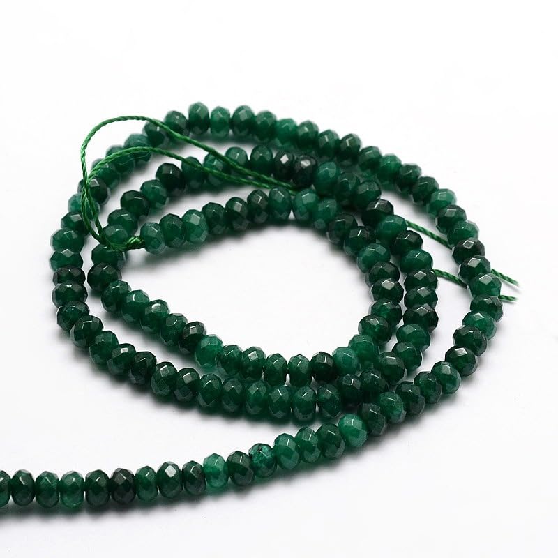 115pcs/strand Dyed Natural Jade Rondelle Beads, 4x2mm Faceted Crystal Stone Smooth Loose Spacer Beads for Jewelry Making Bracelets Earrings DIY Beading Craft Supplies, Dark Green - color: Dark Green