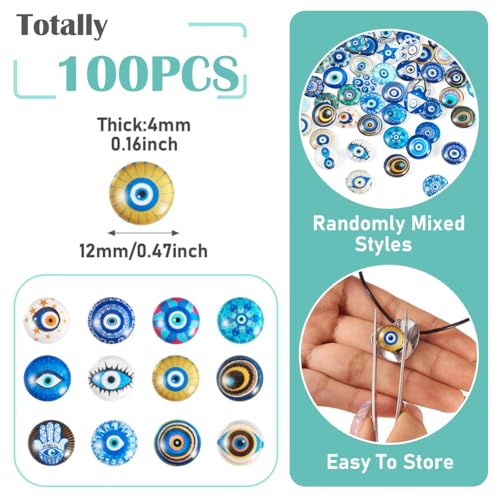 100Pcs/Set Flat Round Transparent Glass Cabochons with Pattern Eye Flatback Glass Dome Flatback Cab Beads for Photo Cameo Jewelry Making Necklace Ring DIY Crafts 12x4mm Eye - color: 100Pcs-12x4mm-Eye