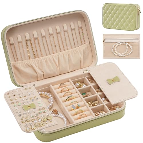 Lolalet Travel Jewelry Case for Women Girls, Travel Jewelry Organizer Box with Mirror & Clear Storage Bag, Small Portable Earring Necklace Bracelet Ring Case, Birthday Valentine Gifts -Medium, Green - color: Green, size: Medium (8.46"W*5.71"D*2.17"H)