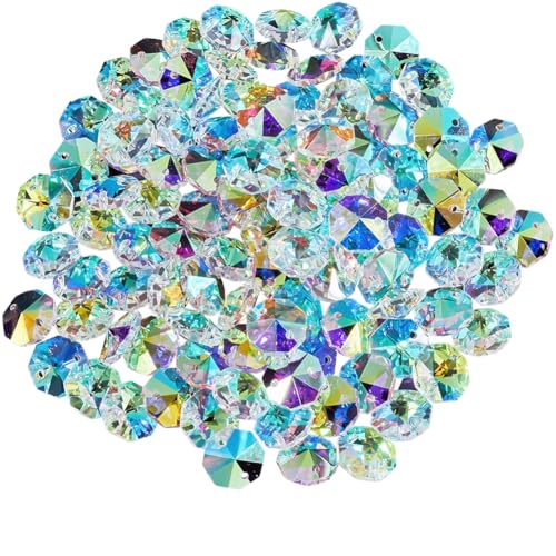 1 Box 120Pcs 14mm Crystal Glass Octagon Beads 2 Hole Prism Bead Bulk Colorful Chandelier Replacement Connector Suncatcher Faceted Spacer Bead for DIY Lamp Hanging Ornament Pendant Jewelry - color: Colorful