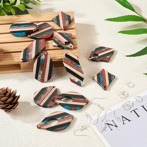 Beadthoven 52pcs Boho Wood Women Earring Making Kit, Striped Resin Earrings Charms Pendants Natural Wood Cutouts Pieces Wooden Earring Blanks with Earrings Hooks for DIY Jewelry Making Crafts - color: 0Striped DIY Earring Kit