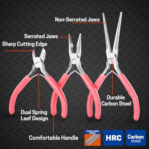 3 PCS Mini Pliers Set, Pink Jewelry Plier Kit with Needle Nose, Diagonal & Long Nose, Pink Tool Set for Women Jewelry Making, Repair and Crafts - size: 3 Pcs