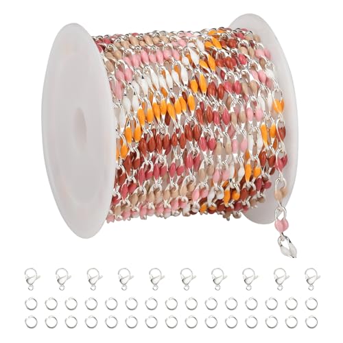 YOUBEIYEE 2 Yard Silver Plated Chains Bulk Multicolored Enamel Link Chain for Women Necklace DIY Brass Chains for Jewelry Making - color: Orange Mixed