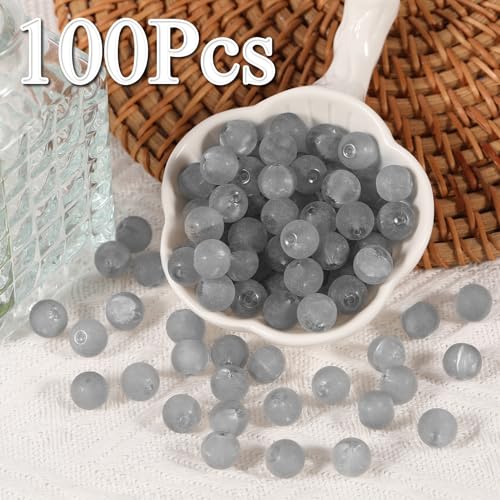 100Pcs Glass Beads 10mm Round Moon Frosted Cracked Water-Activated Transparent Glazed Beads, Ideal for DIY Bracelets Necklaces Phone Charms Craft Supplies (Translucent White) - color: Grey