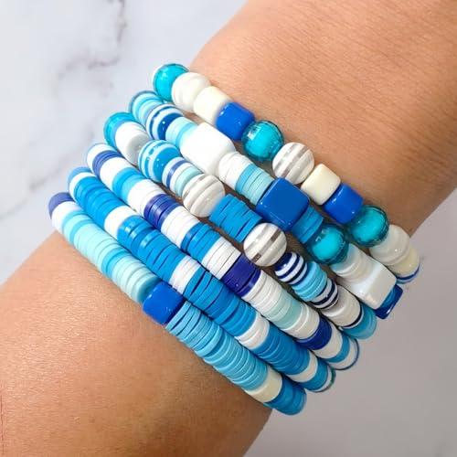 Blue Heishi 6mm Clay Beads for Bracelets Necklace Earring DIY Crafts - Blue Boho DIY Craft Assorted Beads for Women Jewelry Making Kit - Ocean Bohemian Summer Beach Holiday Party Supplies Set, 1 Box