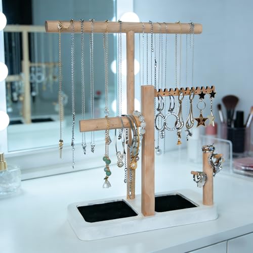 Solid Wood Jewelry Tower Organizer - 3-Tier Tree Holder Stand with 11 Earring Holes, 2 T-bar for bracelets Necklace or watches, Ring Tree & Display Tray (White) - color: White