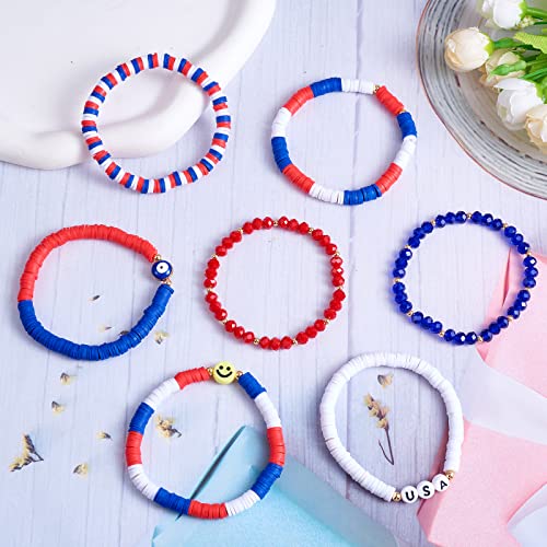 Ornaland 7Pcs Handmade Polymer Clay Heishi Surfer Stretch Bracelets Set Colorful Glass Beads Bracelets Boho Stackable Preppy Bracelets Wrist Jewelry for Women - color: blue 2