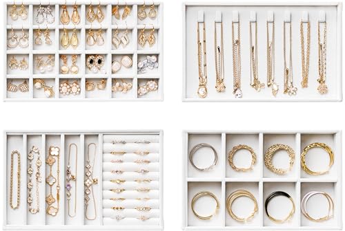 Velvet Jewelry Drawer Organizer Trays – White Stackable Jewelry Storage Inserts Set, 4-Layer Jewelry Tray Set for Earrings, Rings, Necklaces, Bracelets with Removable Dividers for Dresser & Vanity - color: White, size: Compact (Tablet Size)