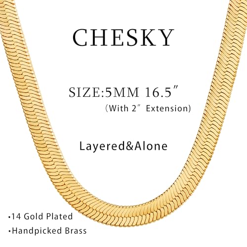 CHESKY Gold Necklace for Women-14K Plated/S925 sterling silver Snake Chain Necklace Dainty Simple Chunky Herringbone Necklace Gold Choker Necklaces Jewelry for Women Mothers Day Gifts for Mom - color: gold, style: 5mm 16.5 inch snake