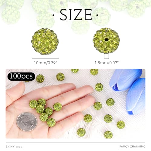 100 Pcs Olivine Rhinestone Beads for Jewelry Making, Sparkle Crystal Clay Christmas for Bracelet Baseball Necklace Earring Crafting and DIY, Shiny Round Shamballa Disco Ball Beads Bulk - color: Olivine, size: 100 pcs