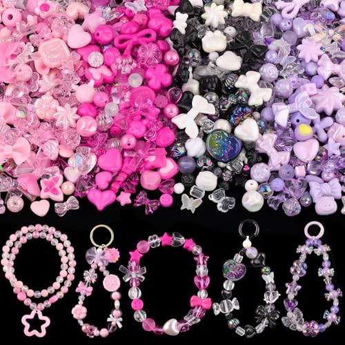 210-270PCS TINKRSTUFF Assorted Acrylic Beads for Bracelet Making,Cute Beads for Jewelry Making Flower Bow Butterfly Candy GummyBear Kawaii Aesthetic Bracelet Charms, Necklace Keychain Phone Charms DIY - color: 4 COLOR SERIES-PINK+ROSE+PURPLE+BLACK
