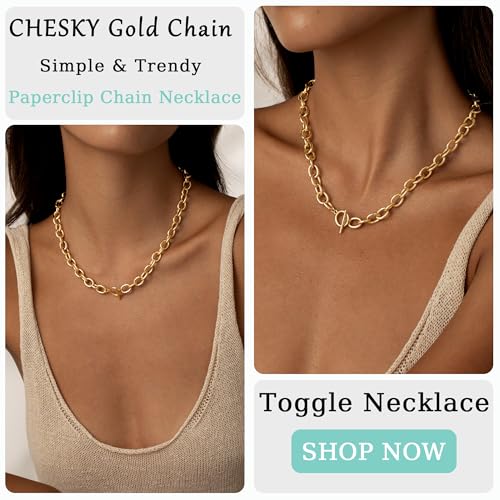 CHESKY 14K Gold Plated Chunky Necklace for Women, Trendy Paperclip Chain Necklace Thick Cross Heart Pendant Necklace Layered Herringbone Cuban Link Chain Toggle Necklaces Non Tarnish Jewelry - color: gold, style: paperclip