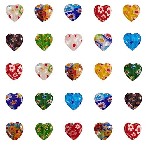 UR URLIFEHALL 66 Pcs Lovely Heart Shape Millefiori Lampwork Glass Beads Flat Heart Glass Beads for Jewelry Making Mixed Colors - color: 66pcs-12x12x3.5mm-heart millefiori beads