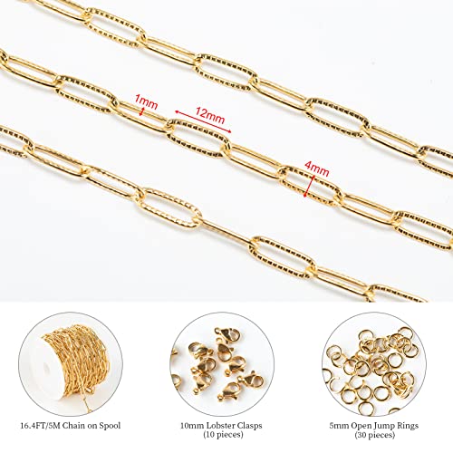 KYUNHOO 5M Gold Plated Stainless Steel Chain for Jewelry Making 4mm Wide Embossed Oval Paperclip Chain Bulk Soldered Jewelry Chain Spool with Lobster Clasps and Jump Rings for DIY Crafts - color: Embossed Paperclip Gold