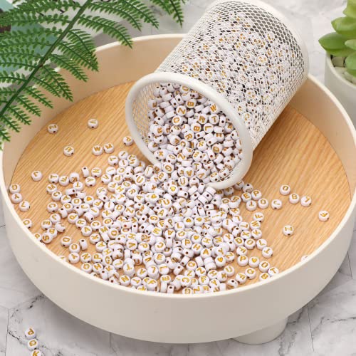 DECYOOL Letter Beads, 1900Pcs 4×7mm White Gold Acrylic Alphabet Beads with 1 Roll Elastic String for Bracelet Necklace Jewelry Making Supplies - color: White